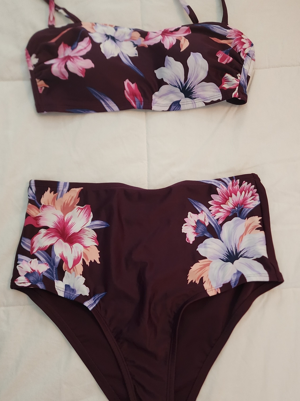 NWOT Kona Sol Plum Floral High-Waist Bikini Set with Pink & White Flowers